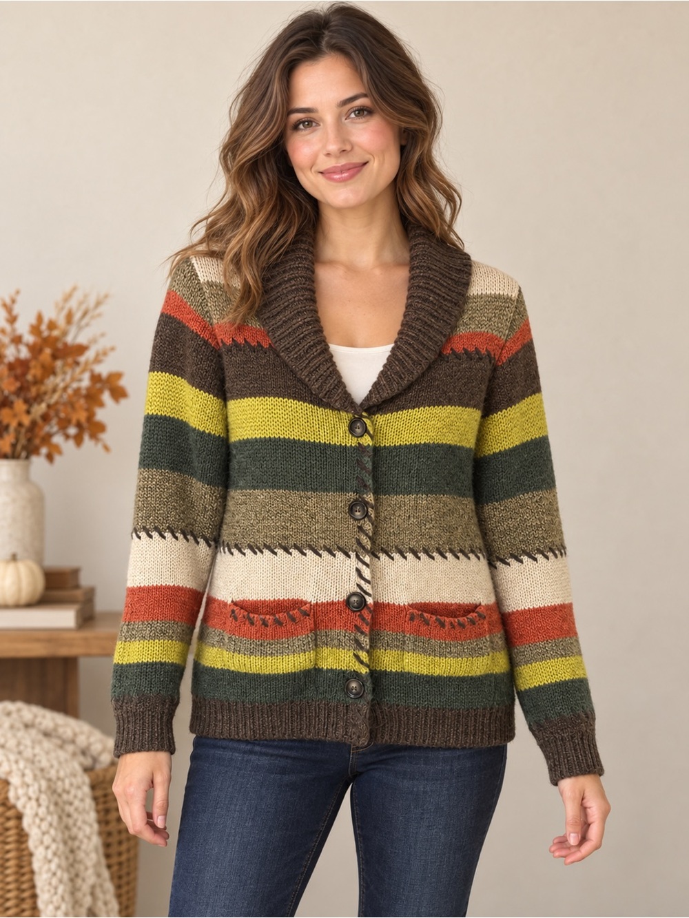 Dress Barn Brown Multi-Stripe Shawl Collar Cardigan XS